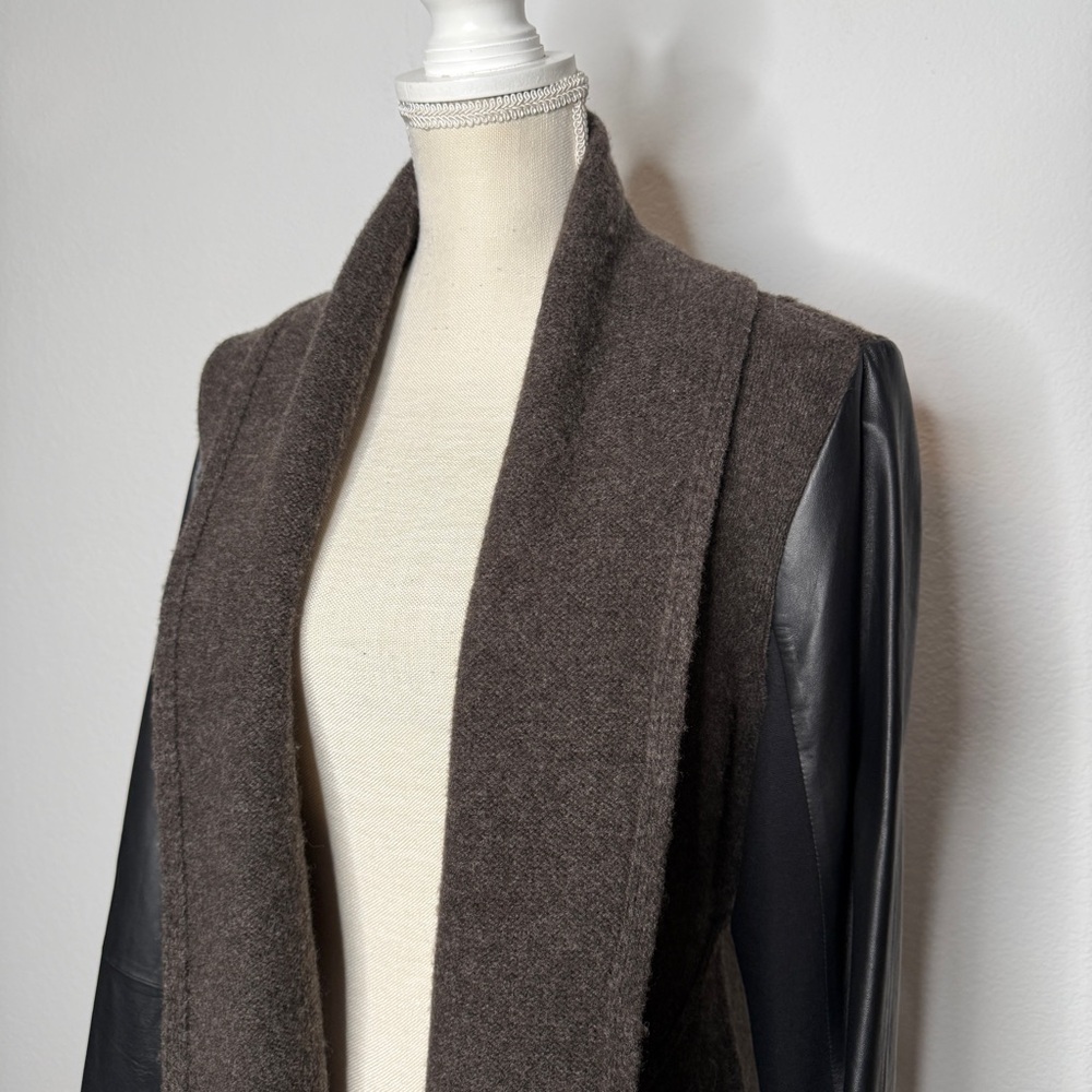Eileen Fisher Peat Wool Leather Cardigan Jacket Black Brown NWT Size LP - Picture 2 of 8